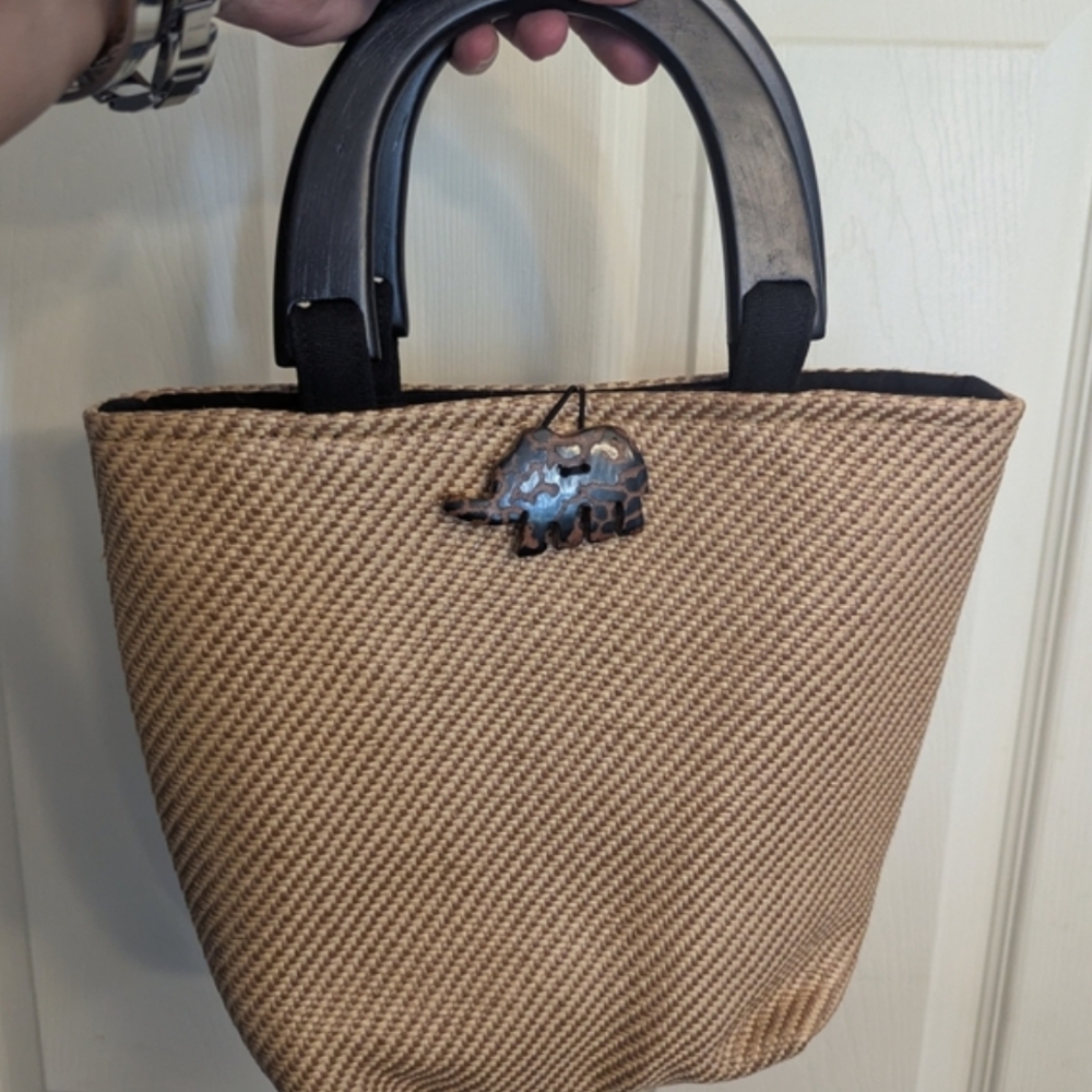 Honey B's Tan Woven Tote with Black Handles and Elephant Charm